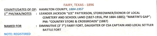 Fairy, TX Hamilton County 1896 Post Office info