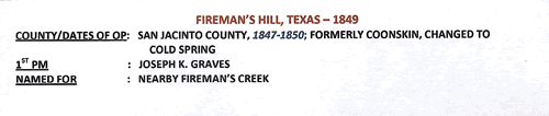 Fireman's Hill TX - San Jacinto  County 1849 Postmark info