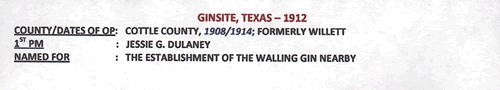 Ginsite TX Cottle County 1912 Postmark info