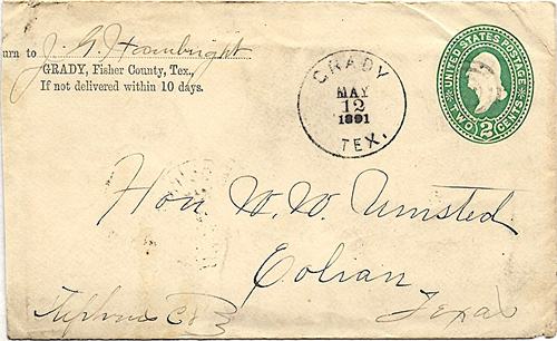 Grady TX Fisher County 1891 Post Mark 