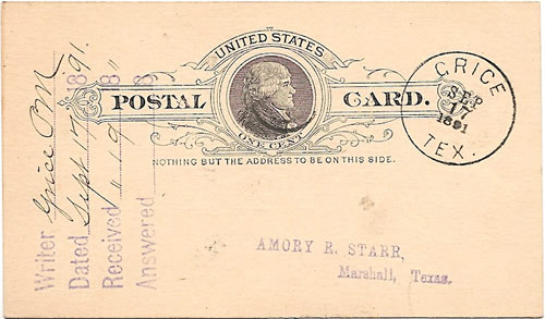 Grice,TX Upshur County - 1891 postmark