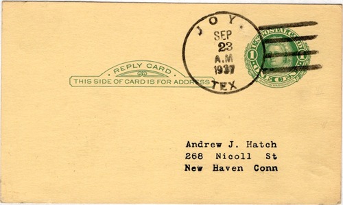 Joy TX 1937 postmark