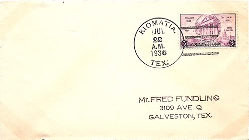 Kiomatia TX - Red River County 1936 Postmark 