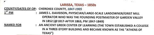 Larissa TX Cherokee County post office info