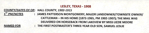 Lesley TX Hall County 1908 Postmark  info