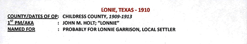 Lonnie TX 1910 postmark