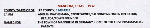 Manheim, TX,  Lee County 1932 Postmark info