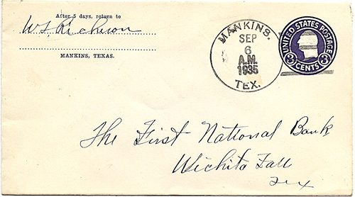 Mankins TX Archer Co 1935 Postmark 