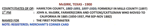 McGirk TX Hamilton County 1900 Post office info