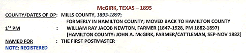 McGirk TX Mills County 1895 Post officde info