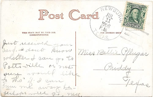 Newburg, TX, Comanche county ,   1908  Postmark 