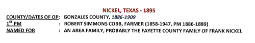 Nickel TX Gonzales County  post office info