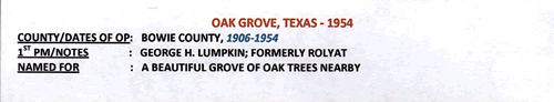 Oak Grove  TX - Bowie County 1954 Postmark info
