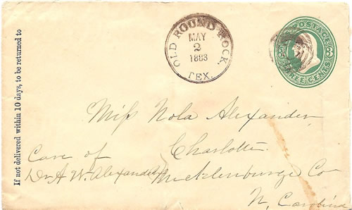 Old Round Rock, TX, Williamson Co, 1883 postmark