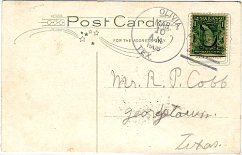 Olivia TX , Calhoun county, 1908 postmark