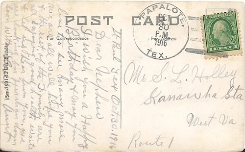 Papalote, TX Bee County 1916 postmark