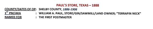 Paul's Store TX Shelby County 1888 Postmark
