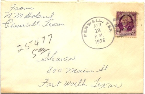 Penwell TX, Ector County 1936 postmark