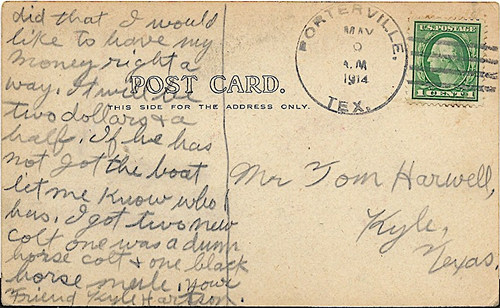 Porterville TX, Loving County, 1914 postmark