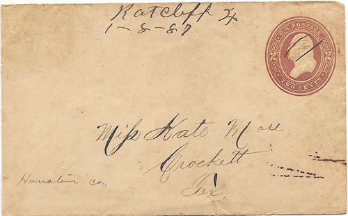 Ratcliff TX 1887 postmark 