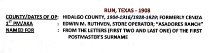 Hidalgo County Run TX  1908 Postmark info