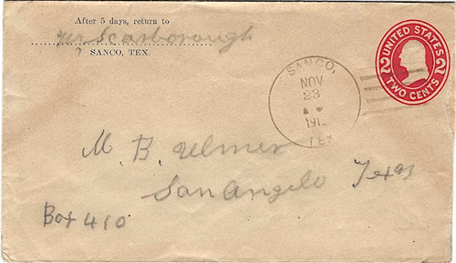 Sanco TX Coke County 1912 postmark