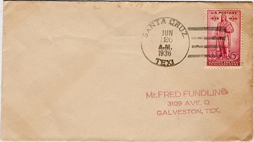 Santa Cruz, TX 1936 postmark