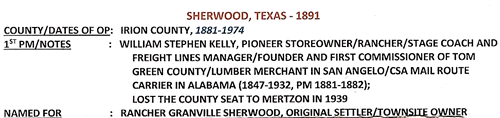 Sherwood TX Irion County 1891  postoffice info