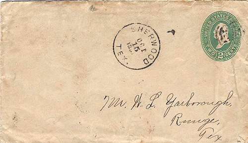 Sherwood TX Irion County 1891 Postmark 