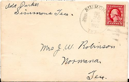  Simmons, TX, Live oak County, 1922 Postmark 