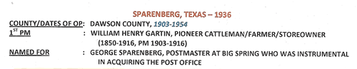 Sparenberg TX Dawson Co 1936 Postmark  info
