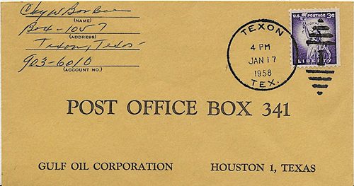 Texon, Reagan County TX  1958 postmark