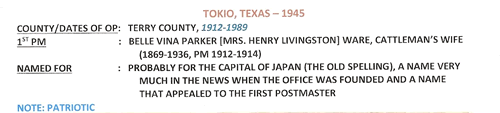 Tokio, Texas - Post Office info