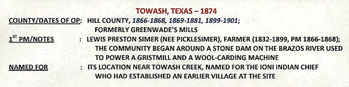 Texas Postmark - Towash TX Hill County post office & town info