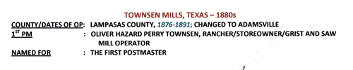 Townsen Mills TX Lampasas County 1880s Postmark info