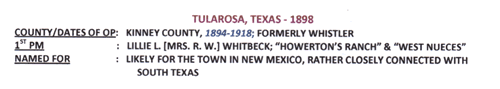 Kinney County Tularosa TX 1898 Postmark info
