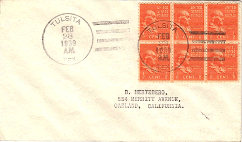 Bee County Tulsita TX  1939 Postmark