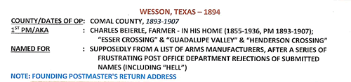 Wesson TX - Comal Co Post Office  info