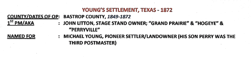 Young's Settlement, TX Bastrop County 1872 Postmark info