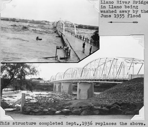 LLano River Bridge washed away by 1935 flood, and 1936  bridge