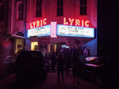 Flatonia TX - Lyric Theater grand reopening, neon at night