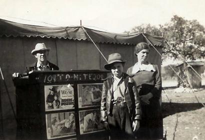 Talking movie marquee featuring JOhn Wayne in 1938, Leakey Texas