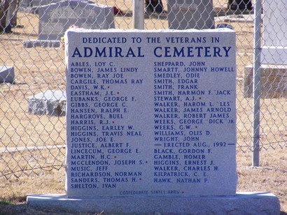 Veterans Memorial in Admiral Cemetery, Texas