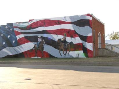 Knox City Tx Mural of US Flags and Cowboys