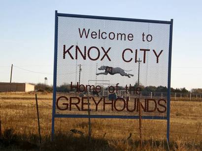 Welcome sign,  Knox City TX, Home of Greyhounds