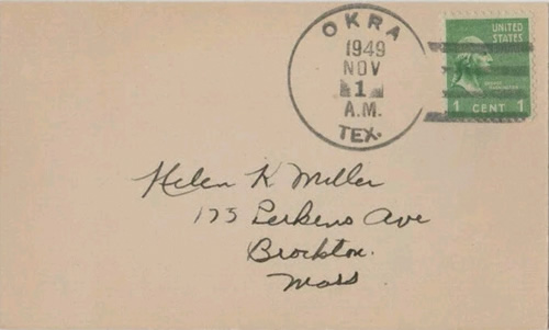 Okra, Texas 1949 postmark