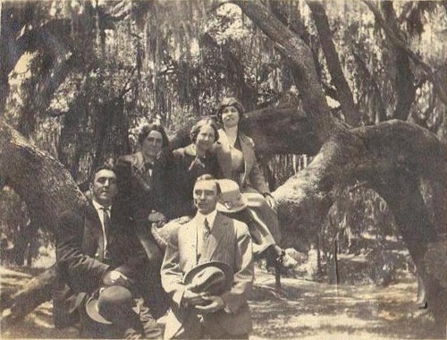Sutherland Springs, Texas - Young men & women on live oak with spanish moss - vintage photo 