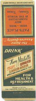 Matchbook cover. Drink Harry Mitchell's Lager Beer