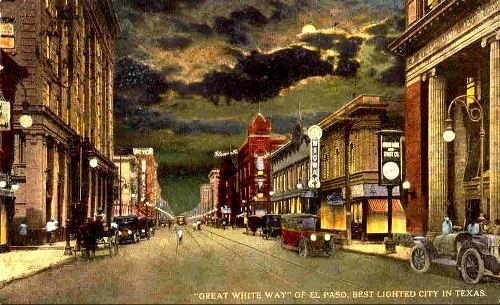 El Paso TX night street scene at night, old postcard