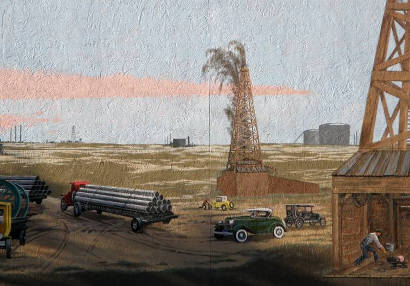 Odessa Tx - Oil Field Painted Mural showing derricks, pipes, and workers